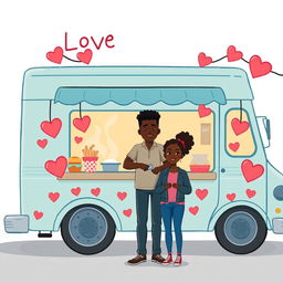 A cute romance novel book cover featuring an animated figure drawing of a food truck decorated with hearts and love symbols