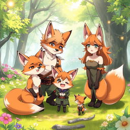 A charming scene featuring an anime fox family of beastmen in a picturesque forest clearing