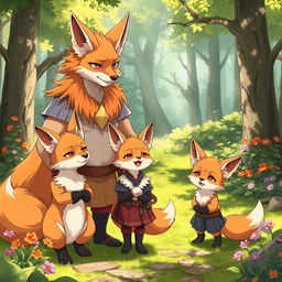 A charming scene featuring an anime fox family of beastmen in a picturesque forest clearing