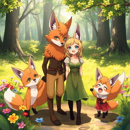 A charming scene featuring an anime fox family of beastmen in a picturesque forest clearing