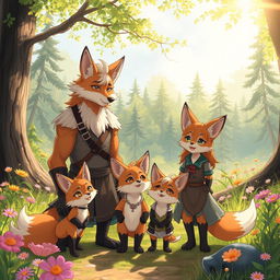 A charming scene featuring an anime fox family of beastmen in a picturesque forest clearing