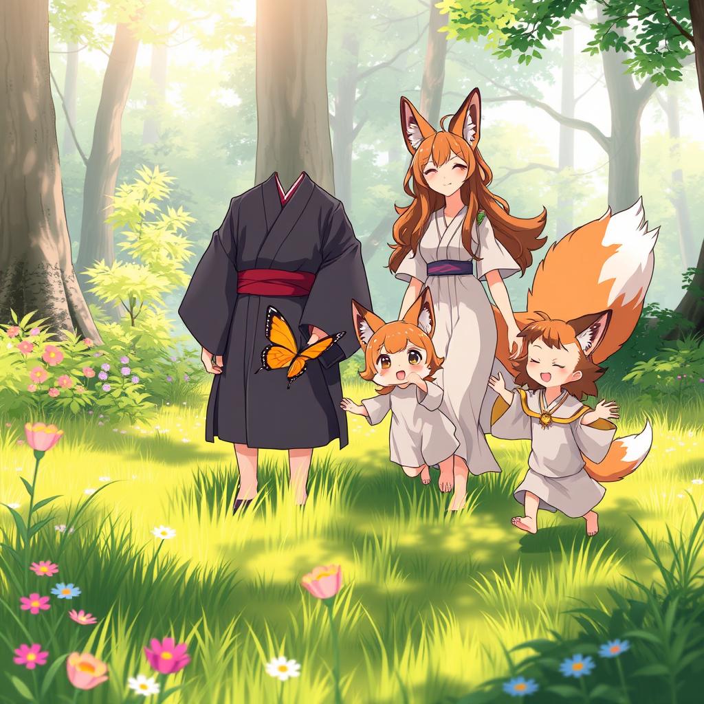 A charming scene featuring an anime family of fox beastmen in a picturesque forest clearing