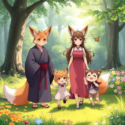 A charming scene featuring an anime family of fox beastmen in a picturesque forest clearing