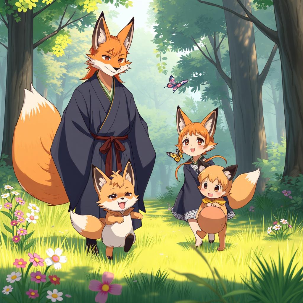 A charming scene featuring an anime family of fox beastmen in a picturesque forest clearing