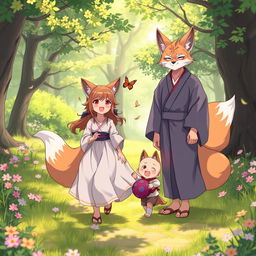 A charming scene featuring an anime family of fox beastmen in a picturesque forest clearing