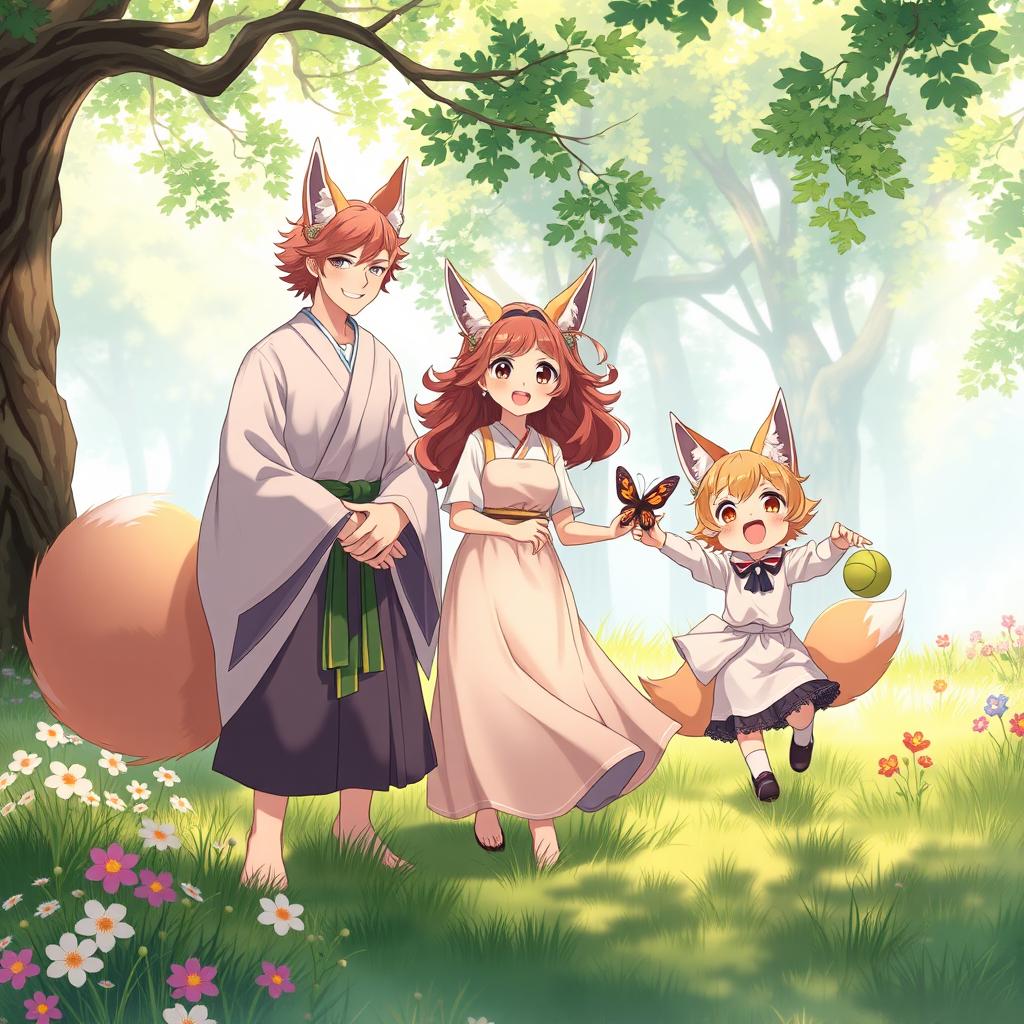 A heartwarming scene featuring an anime family of fox beastmen in a serene forest clearing