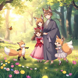 A heartwarming scene featuring an anime family of fox beastmen in a serene forest clearing