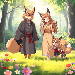 A heartwarming scene featuring an anime family of fox beastmen in a serene forest clearing