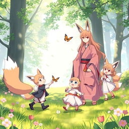 A heartwarming scene featuring an anime family of fox beastmen in a serene forest clearing