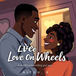 Create an animated image cover for a romance novel titled 'Love On Wheels