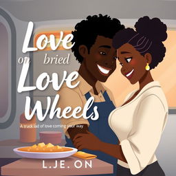 Create an animated image cover for a romance novel titled 'Love On Wheels