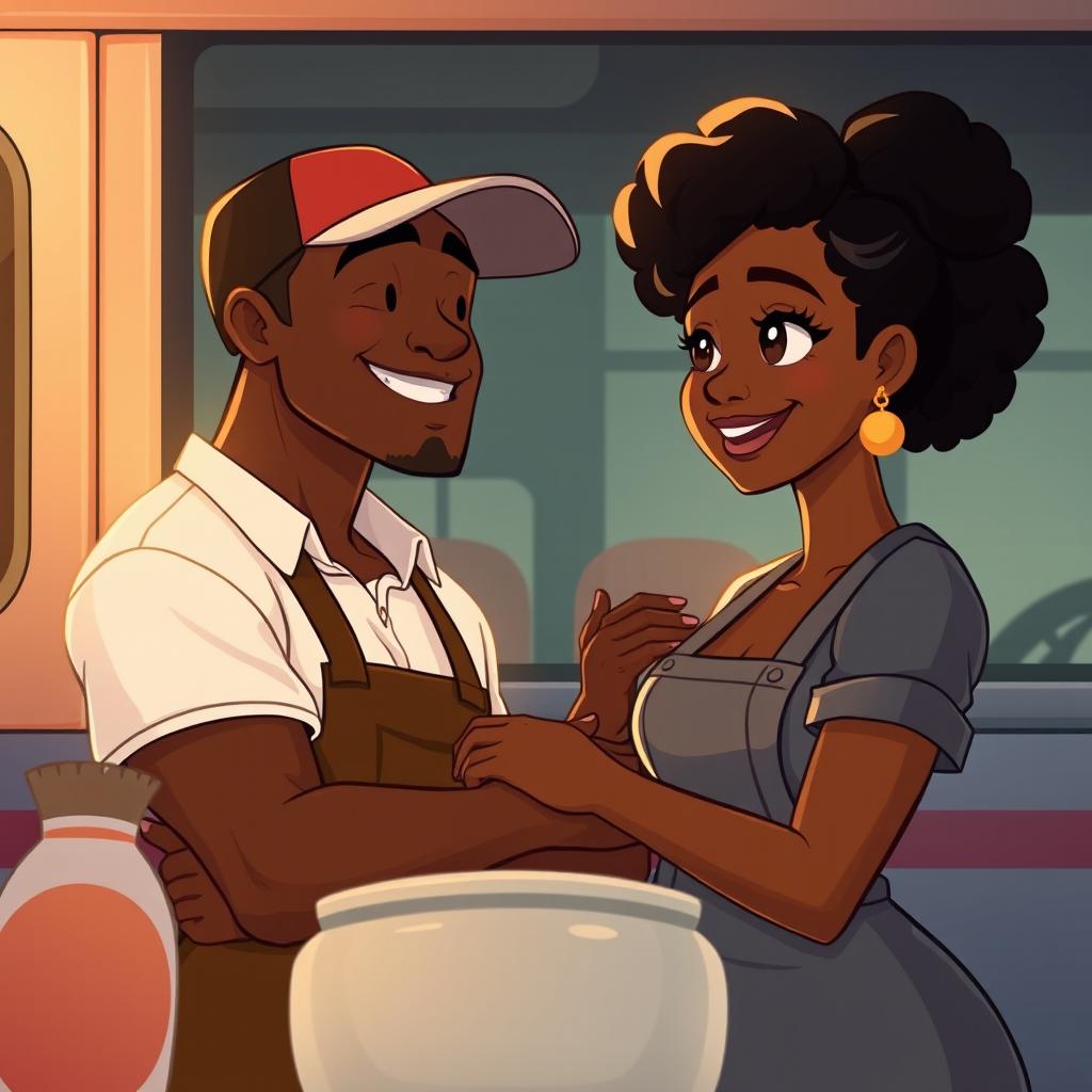 Create an animated image cover for a romance novel featuring a love story between a Black food truck owner and a Black single mom