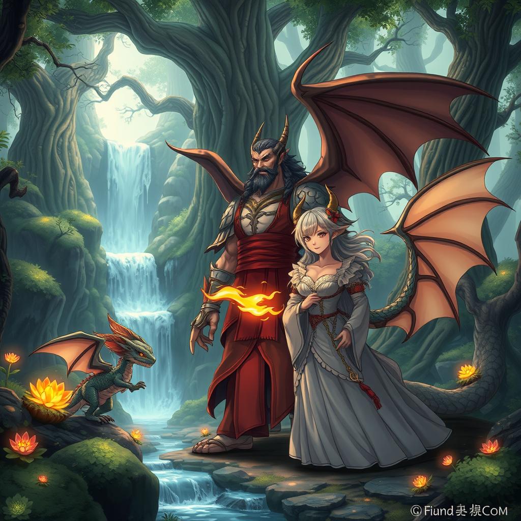 A captivating scene featuring an anime dragon beast family in a mystical forest