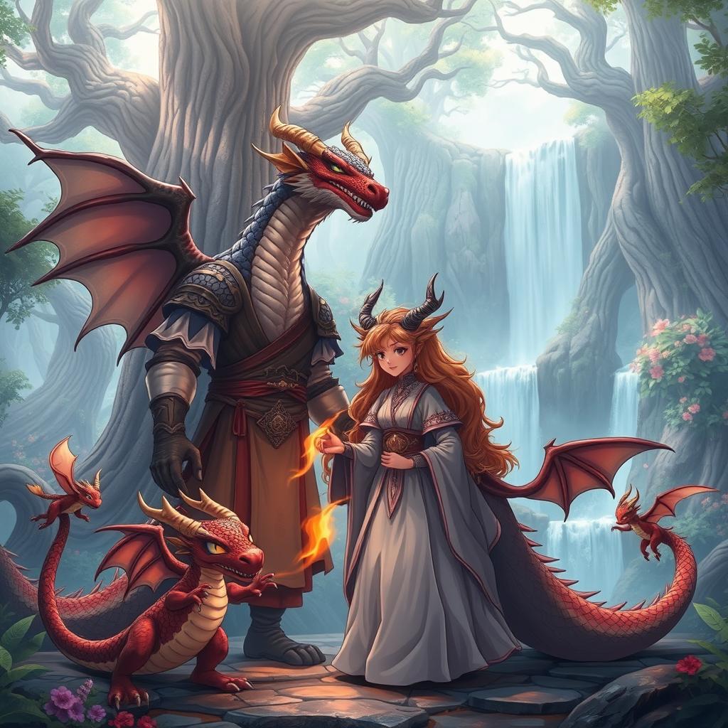 A captivating scene featuring an anime dragon beast family in a mystical forest