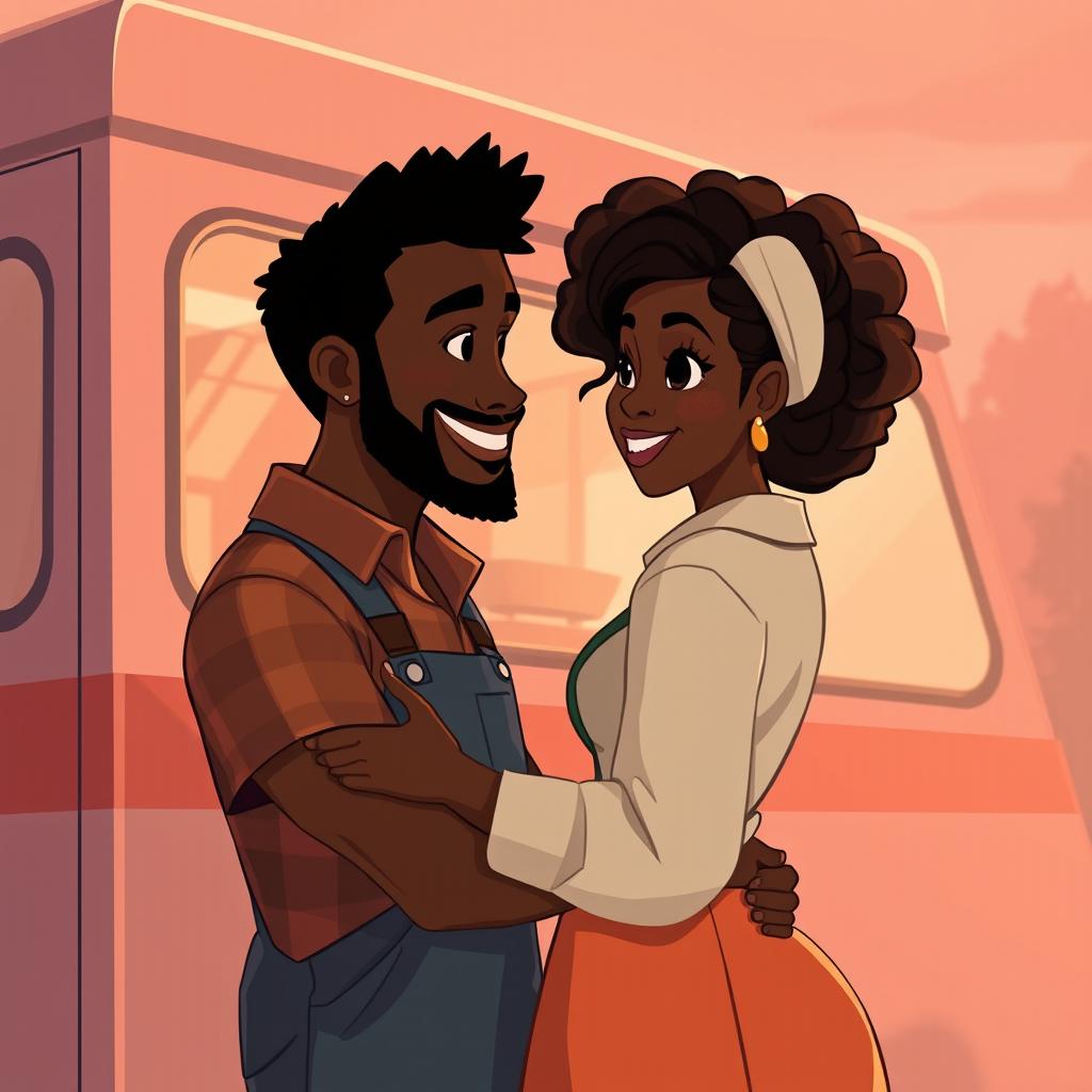 Create an animated image cover for a romance novel featuring a love story between a Black food truck owner and a Black single mom