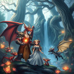 A captivating scene featuring an anime dragon beast family in a mystical forest