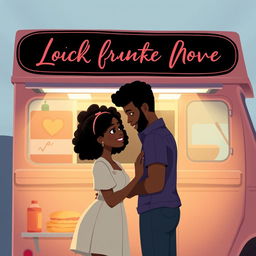 Create an animated image cover for a romance novel featuring a love story between a Black food truck owner and a Black single mom