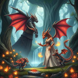 A captivating scene featuring an anime dragon beast family in a mystical forest