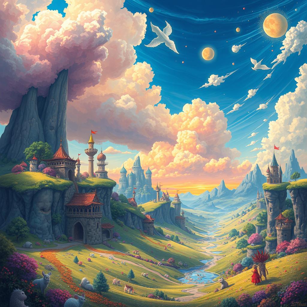 A vibrant and imaginative world filled with fantastical landscapes, colorful skies, and whimsical creatures