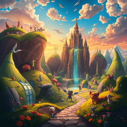 A vibrant and imaginative world filled with fantastical landscapes, colorful skies, and whimsical creatures