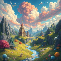 A vibrant and imaginative world filled with fantastical landscapes, colorful skies, and whimsical creatures