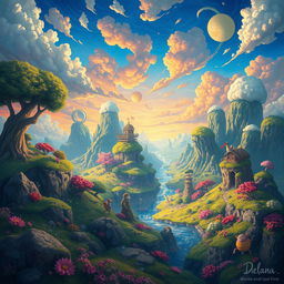 A vibrant and imaginative world filled with fantastical landscapes, colorful skies, and whimsical creatures