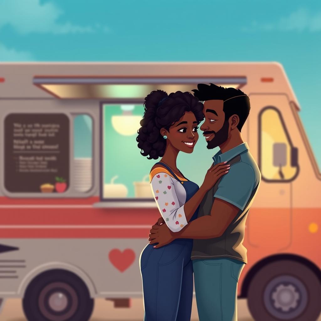 Create an animated image cover for a romance novel featuring a love story between a Black food truck owner and a Black single mom