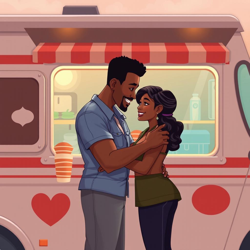 Create an animated image cover for a romance novel featuring a love story between a Black food truck owner and a Black single mom