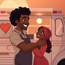 Create an animated image cover for a romance novel featuring a love story between a Black food truck owner and a Black single mom