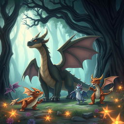 A captivating scene featuring an anime dragon beast family in a mystical forest