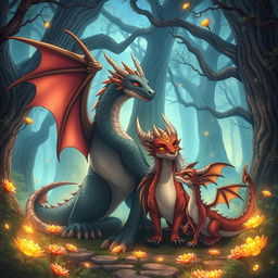 A captivating scene featuring an anime dragon beast family in a mystical forest