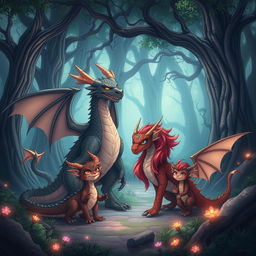 A captivating scene featuring an anime dragon beast family in a mystical forest