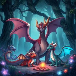 A captivating scene featuring an anime dragon beast family in a mystical forest