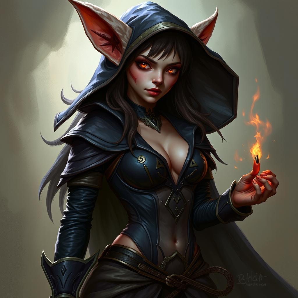 A female kobold arcane rogue, depicted in a seductive manner