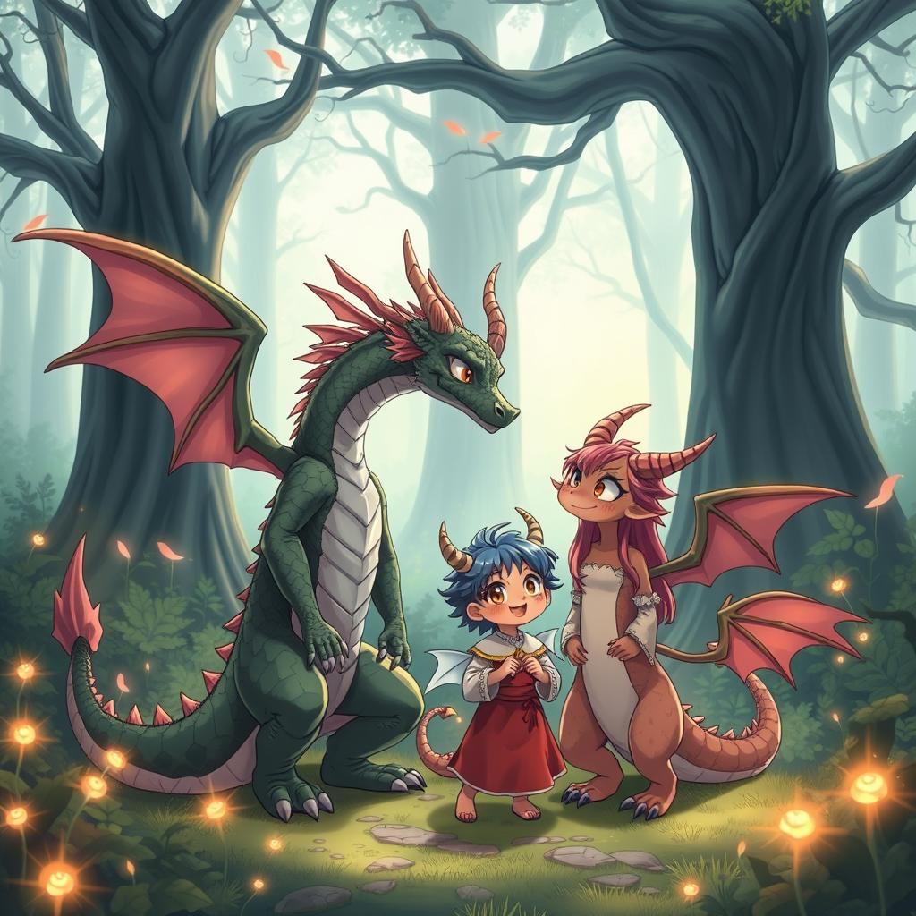 A heartwarming scene featuring an anime dragon people family in a tranquil, enchanted forest