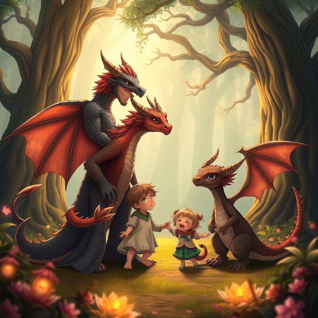 A heartwarming scene featuring an anime dragon people family in a tranquil, enchanted forest