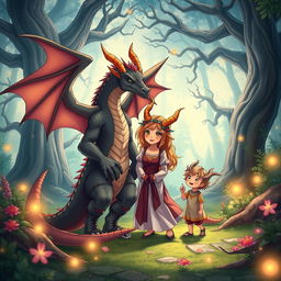 A heartwarming scene featuring an anime dragon people family in a tranquil, enchanted forest