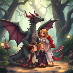 A heartwarming scene featuring an anime dragon people family in a tranquil, enchanted forest