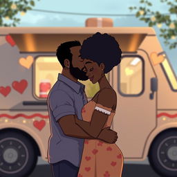 An animated image cover for a romance novel featuring a love story between a Black food truck owner and a Black single mom