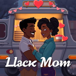 An animated image cover for a romance novel featuring a love story between a Black food truck owner and a Black single mom