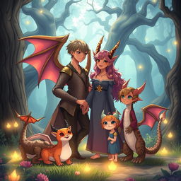 A heartwarming scene featuring an anime dragon people family in a tranquil, enchanted forest