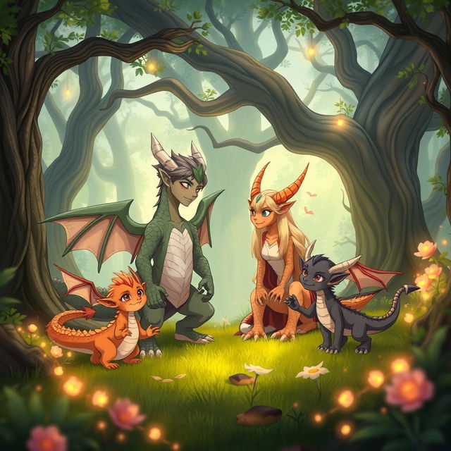 A heartwarming scene featuring an anime dragon people family in a tranquil, enchanted forest