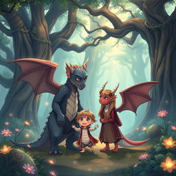 A heartwarming scene featuring an anime dragon people family in a tranquil, enchanted forest