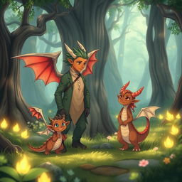 A heartwarming scene featuring an anime dragon people family in a tranquil, enchanted forest