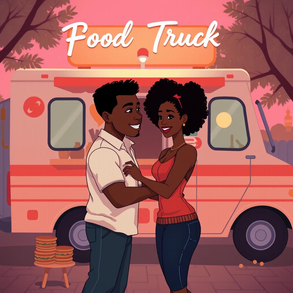 Create an animated image cover for a romance novel featuring a love story between a Black food truck owner and a Black single mom