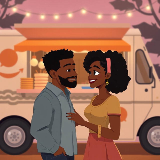 Create an animated image cover for a romance novel featuring a love story between a Black food truck owner and a Black single mom