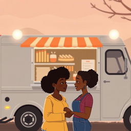 Create an animated image cover for a romance novel featuring a love story between a Black food truck owner and a Black single mom