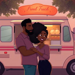 Create an animated image cover for a romance novel featuring a love story between a Black food truck owner and a Black single mom