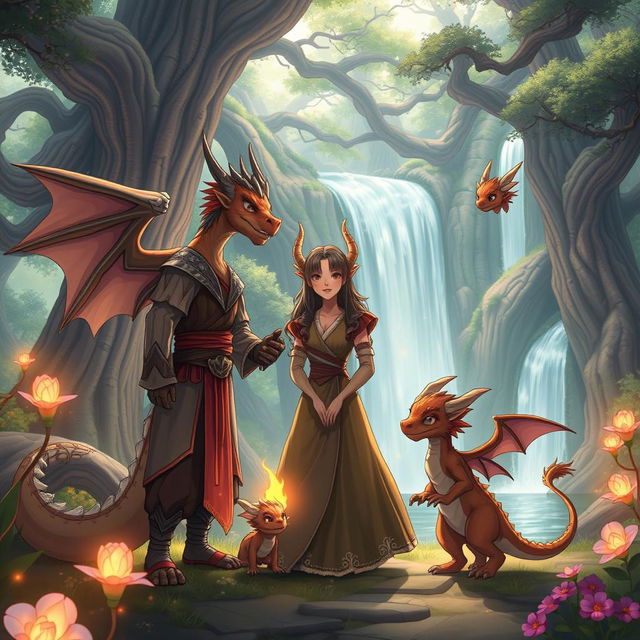 A heartwarming scene featuring an anime dragon people family in a tranquil, enchanted forest