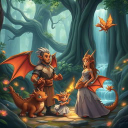 A heartwarming scene featuring an anime dragon people family in a tranquil, enchanted forest